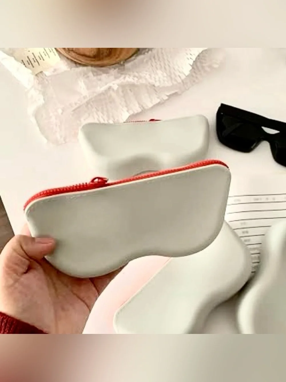 Lt Gray Silicone Eyeglasses Case Waterproof Protective Sunglasses Pouch Red Zip